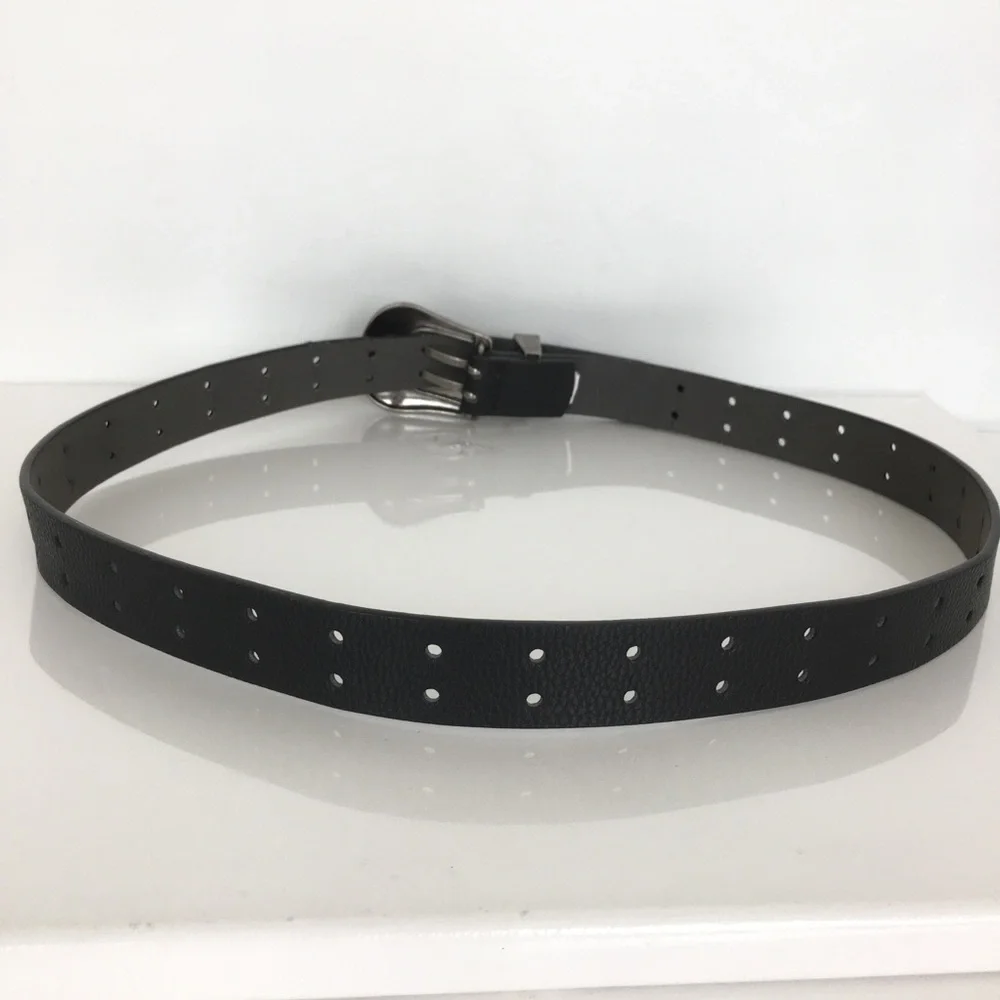 Women’s Black Vegan Leather Western Belt Antique Silver Floral Buckle Size M